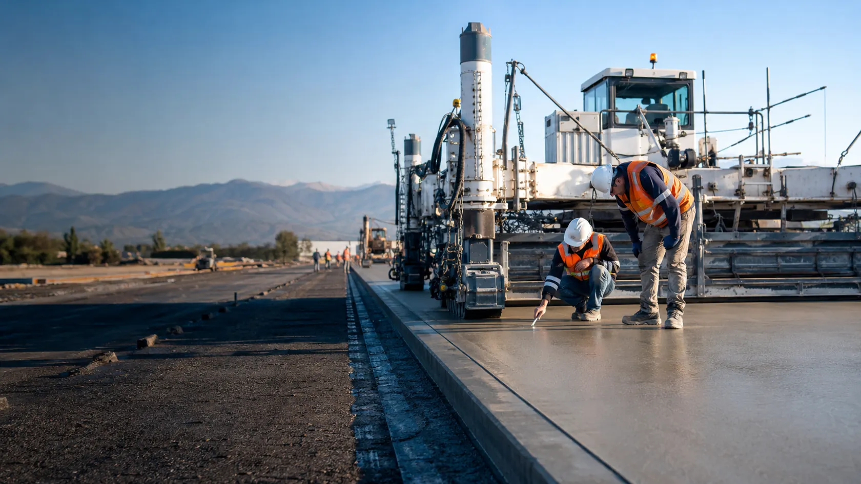 Pavimentación de hormigón con pavimentadora y control de terminación en obra vial